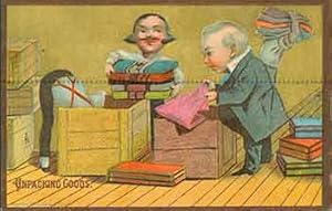 Unpacking Goods. Trade Card with illustration of young salesman unpacking a shipment of goods.