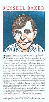 Portrait of Russell Baker with text from "Poor Russell's Almanac?"