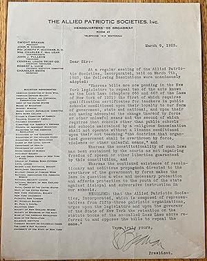 Seller image for Typed Letter Signed, as President, Allied Patriotic Societies, New York, March 9, 1923, to an unidentified recipient for sale by Michael Brown