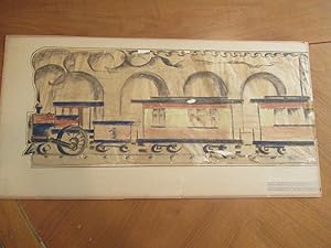 Original Sketch, Humorous Drawing Of A Railroad Engine And Two Cars
