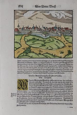 Leipzig. Gesamtansicht aus Sebastian Münsters Cosmographie. Halbseitiger kolorierter Holzschnitt ...