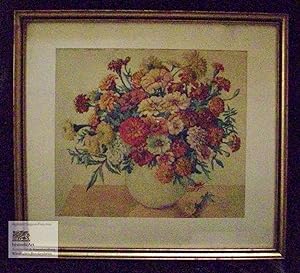 Blumenstillleben. Blumenstrauß in bauchiger Vase. Großes Aquarell von T. Helle 1948 im Glasrahmen