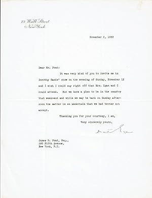 TYPED LETTER TO JAMES B. POND SIGNED BY MARTIN EGAN, AMERICAN WAR CORRESPONDENT AND LONGTIME STAF...