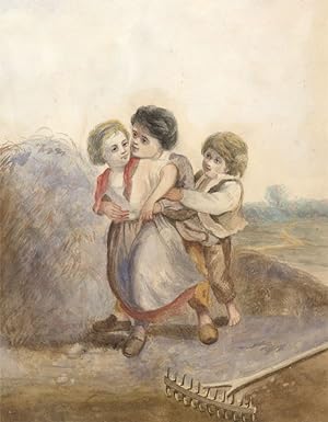 Charming English School 19th Century Watercolour - Children Playing