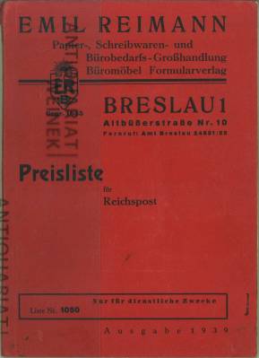 Preisliste für Reichspost. Emil Reimann, Papier-, Schreibwaren- und Bürobedarfs-Großhandlung, Bür...