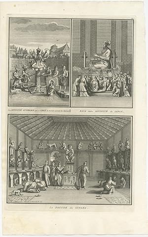 Antique Print of Japanese Deities and Pagodas (Monkey) by B. Picart (1727)