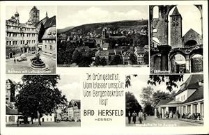 Seller image for Ansichtskarte / Postkarte Bad Hersfeld in Hessen, Rathaus mit Lullusbrunnen, Stiftsruine, Wandelhalle im Kurpark for sale by akpool GmbH