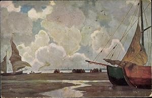 Bild des Verkufers fr Knstler Ansichtskarte / Postkarte Strandpartie mit Segelbooten am Ufer, Wolken zum Verkauf von akpool GmbH