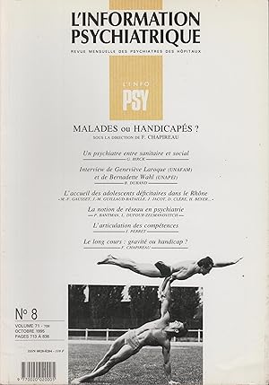 Bild des Verkufers fr L'Information Psychiatrique - Revue mensuelle des Psychiatres des Hpitaux - N 8 - Volume 71 - Octobre 1995 - Malades ou Handicaps ? zum Verkauf von PRISCA