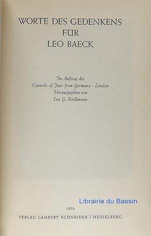 Imagen del vendedor de Worte des gedenkens fr Leo Baeck a la venta por Librairie du Bassin