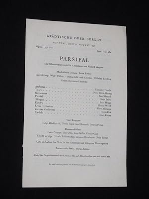 Imagen del vendedor de Programmzettel Stdtische Oper Berlin 1958/ 59. PARSIFAL von Wagner. Musikal. Ltg.: Artur Rother, Insz.: Wolf Vlker, Bhnenbild/ Kostme: Wilhelm Reinking. Mit Tomislav Neralic, Peter Roth-Ehrang, Josef Greindl, Hans Beirer, Fritz Hoppe, Helene Werth, Theo Altmeyer, Hanns Pick, Nada Puttar a la venta por Fast alles Theater! Antiquariat fr die darstellenden Knste