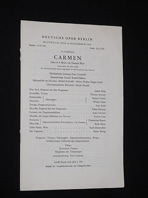 Image du vendeur pour Programmzettel Stdtische Oper Berlin 1962/63. CARMEN von Bizet. Musikal. Ltg.: Hans Zanotelli, Insz.: Gustav Rudolf Sellner, Bhnenbild/ Kostme: Michel Raffaelli. Mit Sona Cervena (Carmen), James King, Thomas Stewart, Martin Vantin, Walter Dicks, Ivan Sardi, Pekka Salomaa, Evelyn Lear, Clementine Mayer, Ruth Hesse mis en vente par Fast alles Theater! Antiquariat fr die darstellenden Knste