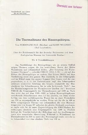 Image du vendeur pour Die Thermalfauna des Riesengebirges. Aus der Reichsanstalt fr das deutsche Bderwesen und dem Zoolog. Museum der Univ. Breslau (Sonderdruck aus Lotos Bd. 88 1941/1942). mis en vente par Antiquariat Carl Wegner