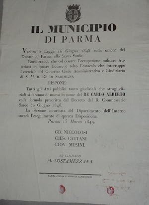 EDITTO STAMPATO PRESSO IL MUNICIPIO DI PARMA IN DATA 15 MARZO 1849 - ACCORDO NEL NOME DI RE CARLO...