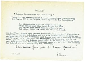 Bild des Verkufers fr Maschinenschr. Gedicht  DSU YUNG" mit eigenh. Zusatz und Unterschrift. zum Verkauf von Kotte Autographs GmbH