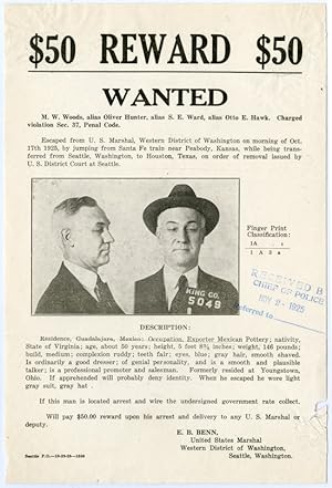 Seller image for WANTED POSTER FOR A PRISONER ESCAPED IN PEABODY, KANSAS ON OCTOBER 17th, 1925] for sale by William Reese Company - Americana
