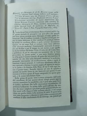 Imagen del vendedor de Elementi di chirurgia di A. G. Richter . arricchiti da Ranieri Cartoni.Tomo IV. Pisa Nistri 1834. (Stralcio da: Nuovo giornale de' letterati. N. 76. 1834) a la venta por Coenobium Libreria antiquaria