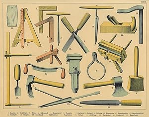 WAGNER. Darstellung von 23 Werkzeugen, darunter Beile, Eisen und Zirkel, Durchlocher, Knüpfel, Nu...