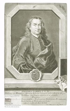 Ioannes Lamius J.V.D. Halbfigur in Gewand im Oktagon mit Wappenschild. Großes Schabkunstblatt von...