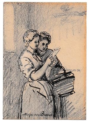 Zwei Bäuerinnen einen Brief lesend. Im Hintergrund ein Gebäude mit schmalem Rundbogenfenster. Ori...