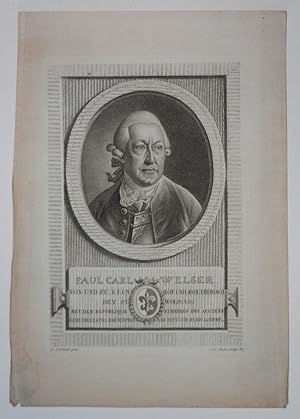 Imagen del vendedor de Paul Carl Welser von und zu Neunhof und Roethenbach bey St. Wolfgang bey der Republique Nrnberg des aelteren Geheimen Raths Kirchenpfleger Erst. Cur. d. Universitt Altdorf etc. Halbportrait / Brustportrait im Oval von J. C. Bock nach einem Bild von G. A. Urlaub gestochen. Darunter Wappen und Legende. Orig. Kupferstich, Plattengre 32 x 22 cm, Blattgre 42,2 x 29,8 cm. a la venta por Antiquariat Dr. Lorenz Kristen