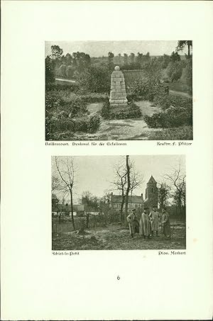 Imagen del vendedor de Achiet-le-Petit. Massengrab am Wege. Baillescourt. Denkmal fr die Gefallenen. Achiet-le-Grand. Wehrm. Blaubach-Naumburg a. S., Kraftw. F. Pfitzer., Pion. Merkert. Stereotyp-Druck nach Photographien der Angehrigen des Reservekorps. a la venta por Bcher bei den 7 Bergen