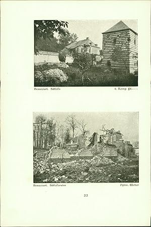 Imagen del vendedor de Beaucourt. Schloss. Schlossruine. Bazentin. Geburtshaus des Naturforschers Lamarck. Telef. Mauthe, Maj. Gericke, 6. Komp. Pi---, Hptm. Weber. Stereotyp-Druck nach Photographien der Angehrigen des Reservekorps. a la venta por Bcher bei den 7 Bergen