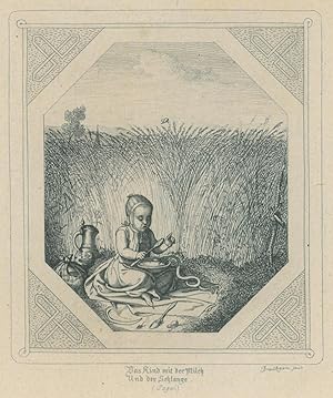 "Das Kind mit der Milch und der Schlange". Inmitten eines ungemähten Getreidefeldes sitzt auf ein...