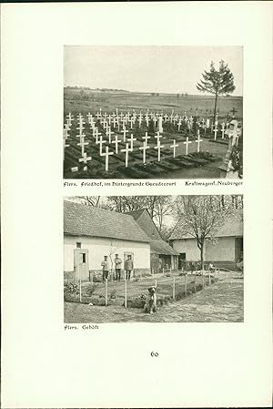 Imagen del vendedor de Flers. Friedhof, im Hintergrunde Gueudecourt. Gehft. Kraftwagenf. Neuberger, Lt. Bcklers, Maj. Gericke. Stereotyp-Druck nach Photographien der Angehrigen des Reservekorps. a la venta por Bcher bei den 7 Bergen