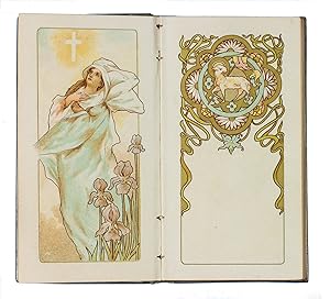 Bild des Verkufers fr Preghiere. Miniature di Vittorio Vulten.Torino, Carlo de Martini (printed by Stab. Litografico Giovanni Fraschini & C., Milan), 1902. 18mo (13.5 x 7.5 x 1.5 cm). A wholly chromolithographed Art Nouveau prayer book, printed in numerous pastel colours plus gold, with (mostly floral) decoration on every page and numerous additional illustrations. In a silver binding (hallmarked "800" at the foot of the otherwise blank back cover), with "Our Lady of the Rosary" from the shrine of the Virgin of the Rosary in Pompei depicted on the front cover in high relief (madonna and child presenting rosaries to Saint Dominic and Saint Catherine) flanked by two irises, above "Ave Maria" and a panel with "SS. Vergine di Pompei", endpapers lithographed in pastel colours plus gold, in a repeating pattern of abstracted flowers, crosses, anchors, hearts and initials "VD" or "DV", gilt edges. zum Verkauf von Antiquariaat FORUM BV