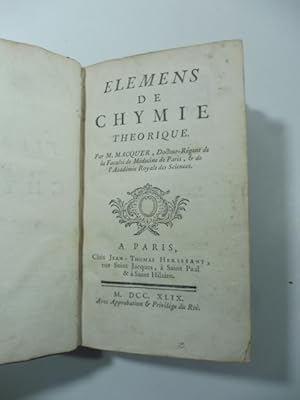 Bild des Verkufers fr Elemens de chymie theorique zum Verkauf von Coenobium Libreria antiquaria