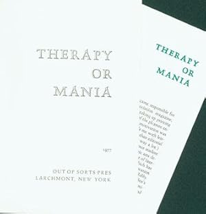 Imagen del vendedor de Therapy Or Mania. a la venta por Wittenborn Art Books