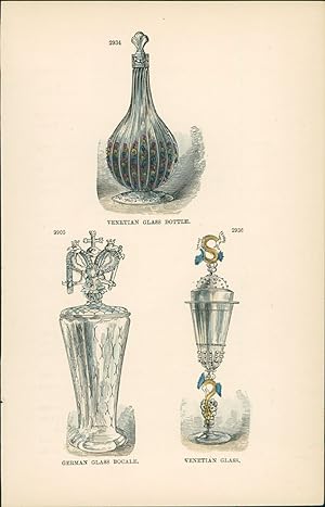 Seller image for Lithographie : Venezianisches Glas : Flasche und Pokal. Deutscher Glaspokal. Aus einem Katalog der Sammlung von Ralph Bernal. for sale by Bcher bei den 7 Bergen