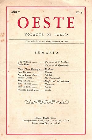 Imagen del vendedor de Oeste,volante de poesia,ano V,N9 (provincia de Buenos Aires) a la venta por JP Livres