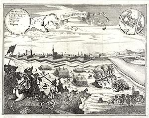 Gesamtansicht mit Belagerung; oben rechts Befestigungsplan ('Philippsburg').
