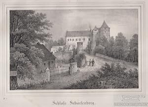 Schloß Scharfenberg. Original-Lithographie. Grafik mit Passepartout aus Saxonia. bei Meißen