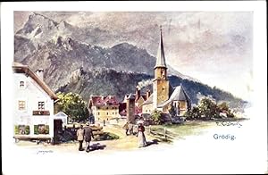Künstler Ansichtskarte / Postkarte Kulstrunk, F., Grödig in Salzburg, Kirche, Gebirge, Teilansich...