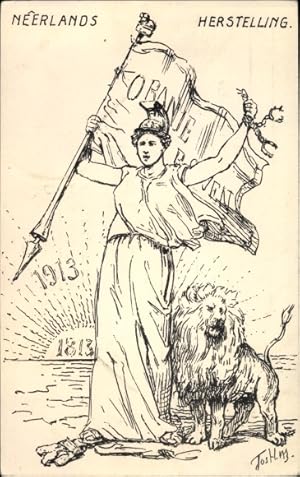 Künstler Ansichtskarte / Postkarte Neerlands, Herstelling, 1913, Nationalallegorie, Löwe