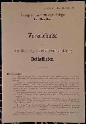Bild des Verkufers fr Verzeichniss der bei der Fernsprecheinrichtung Betheiligten zum Verkauf von Klaus Kreitling