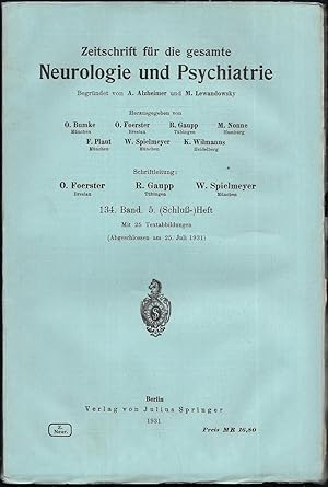 Bild des Verkufers fr Zeitschrift fr die gesamte Neurologie und Psychiatrie. 134.Band - Heft 5. zum Verkauf von Antiquariat Bibliomania