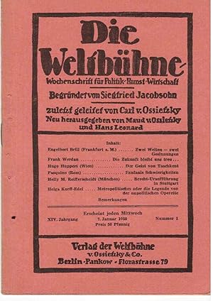 Bild des Verkufers fr Die Weltbhne. Wochenschrift fr Politik, Kunst, Wirtschaft. XIV. Jahrgang, 1959 (inkomplett) zum Verkauf von Antiquariat Jterbook, Inh. H. Schulze