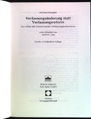 Seller image for Verfassungsnderung statt Verfassungsreform: Zur Arbeit der Gemeinsamen Verfassungskommission. Berliner juristische Universittsschriften, Reihe ffentliches Recht, Band 1. for sale by books4less (Versandantiquariat Petra Gros GmbH & Co. KG)