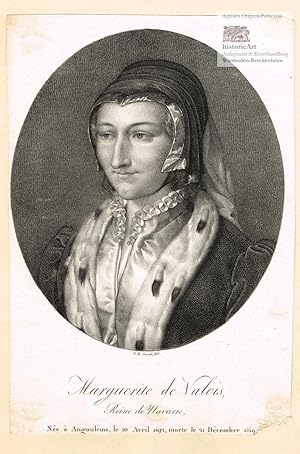 Marguerite de Valois, Reine de Navarre. Brustbild im Pelz mit Kopfhaube. Lithographie von Jacob u...