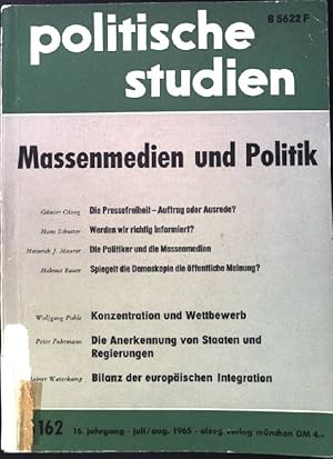 Bild des Verkufers fr Massenmedien und Politik. Politische Studien, Juli/ August 1965, Heft 162, 16. Jahrgang. zum Verkauf von books4less (Versandantiquariat Petra Gros GmbH & Co. KG)