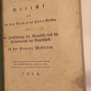 Bild des Verkufers fr Bericht an des Herrn Ministers des Innern Exzellenz ber die Zerstckelung der Bauerhfe und die Zersplitterung der Grundstcke in der Provinz Westfalen. zum Verkauf von Antiquariat  J.J. Heckenhauer e.K., ILAB