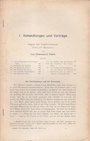 Image du vendeur pour Sagen der Temb-Indianer (Para und Maranhao) / ber die Anfnge des Staatslebens bei den Naturvlkern ( Sonderabdrucke aus I. Abhandlungen und Vortrge der Zeitschrift fr Ethnologie, Jahr. 1915, Heft 4 und 5 / Jahrg. 1956 mis en vente par Antiquariat Carl Wegner