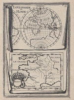 1683 Planisphere Du Monde France 17th Century Copper Plate Engraved Map Mallet