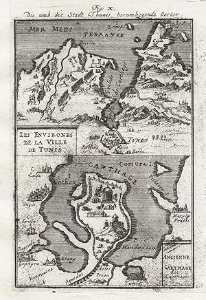 1685 Tunisia Tunis Environs Ancient Carthage 17th Century Engraving Map Mallet