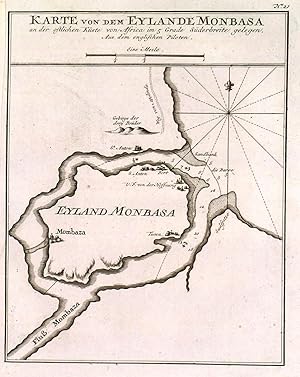 KARTE VON DEM EYLANDE MONBASA AN DER OSTLICHEN KÜSTE VON AFRICA. Map of the island and town of ...