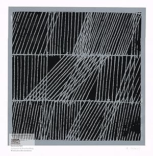 Grau-weiße Gitterstrukturen auf grauem Grund. Siebdruck von Emil Kiess um 1970, vom Künstler eige...